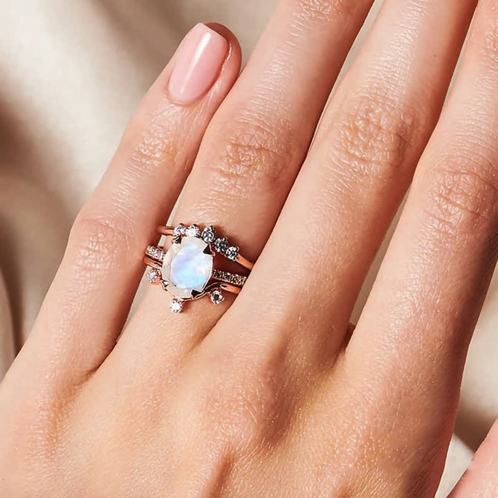 Anillo creativo de 3 piezas con piedra lunar de cristal natural de Olivenorma