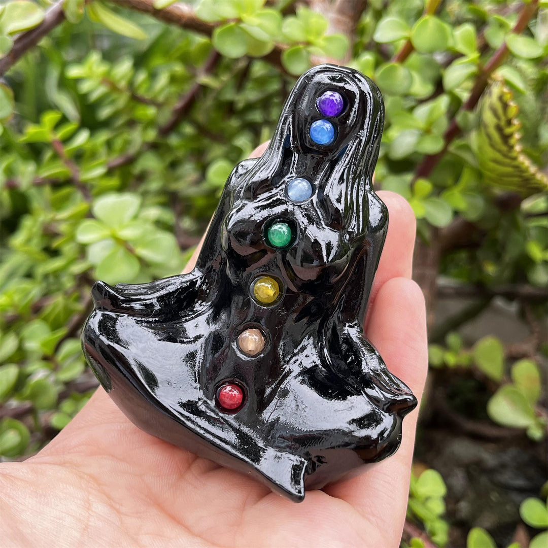 Decoración pagana con piedras preciosas de obsidiana de Olivenorma para diosas del yoga y los chakras