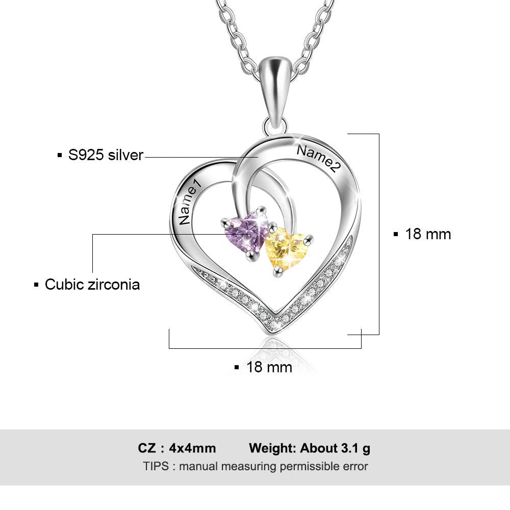 Collar con nombre grabado y dos piedras de nacimiento con promesa de corazón personalizado de Olivenorma