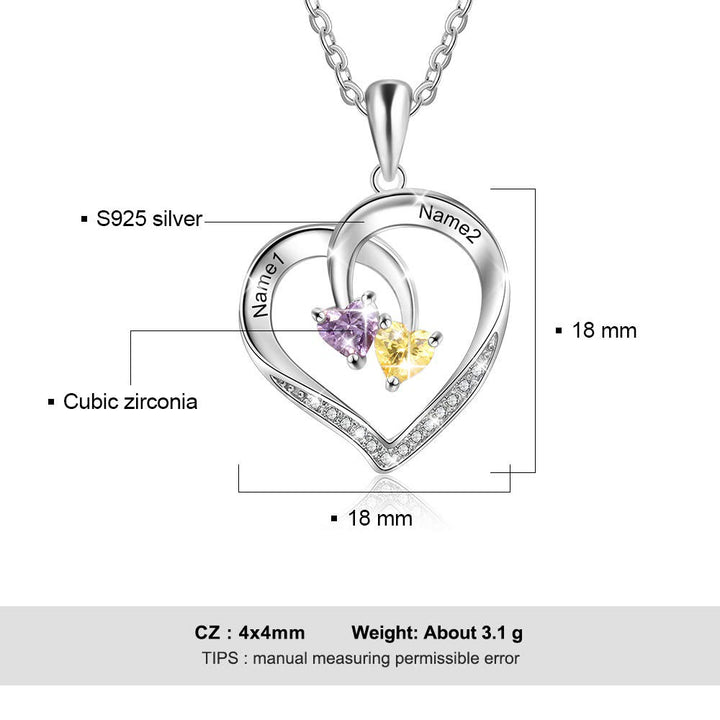 Collar con nombre grabado y dos piedras de nacimiento con promesa de corazón personalizado de Olivenorma