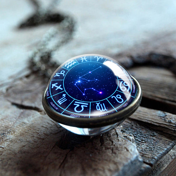Collar con colgante de globo de cristal de doble cara con doce estrellas del zodiaco de Olivenorma
