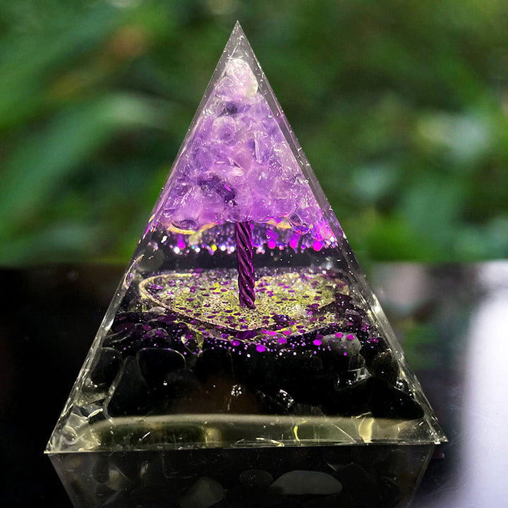 Esfera de amatista de Olivenorma con pirámide de orgón de obsidiana 