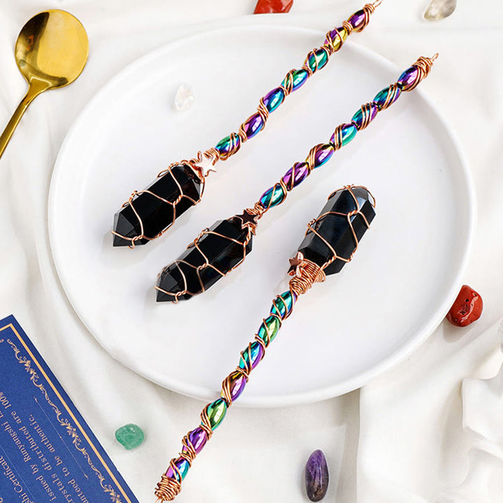 Varitas mágicas de cristal enrolladas con alambre de oro y obsidiana de Olivenorma 