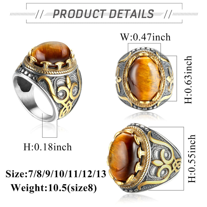 Anillo retro de piedra de ojo de tigre grande para hombre de Olivenorma