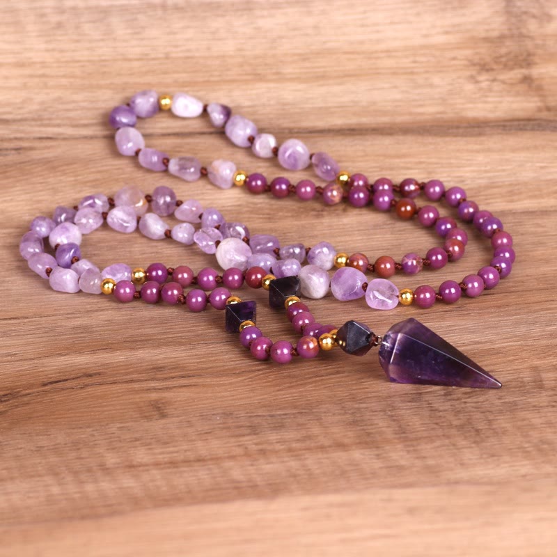 Collar de mala con cuentas de jade morado y amatista natural de Olivenorma
