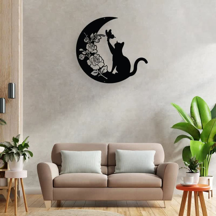 Decoración de pared de metal con forma de luna creciente y gato de Olivenorma