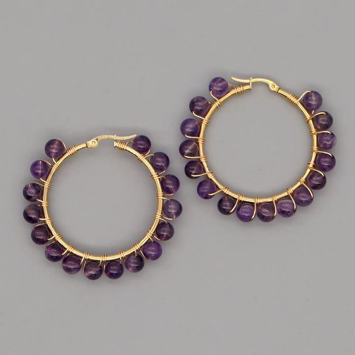 Pendientes de aro grandes con cuentas de cristal natural estilo bohemio de Olivenorma