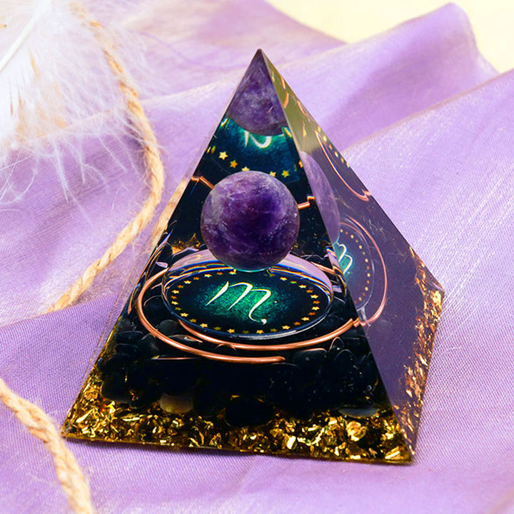 Esfera de amatista Olivenorma con obsidiana Pirámide de orgón del zodiaco Escorpio 