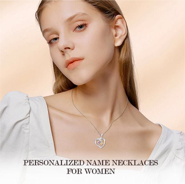 Collar con nombre grabado y dos piedras de nacimiento con promesa de corazón personalizado de Olivenorma