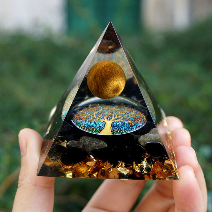Esfera de ojo de tigre de Olivenorma y pirámide de orgón protectora de obsidiana 