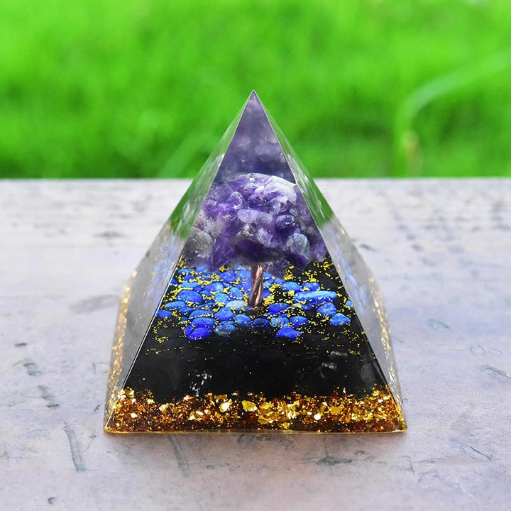 Pirámide de orgón del árbol de la vida de lapislázuli, obsidiana y amatista de Olivenorma 