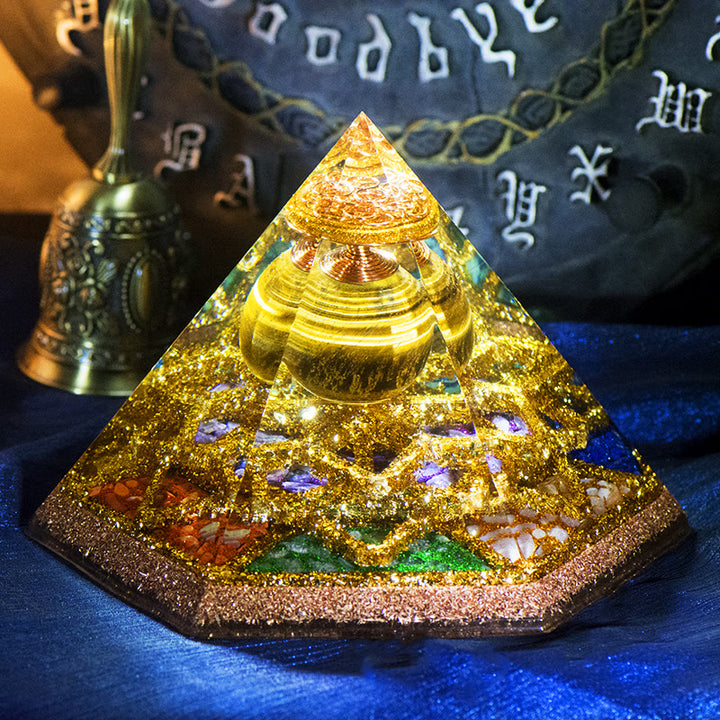 Torre de cristal de ojo de tigre hexaédrica de luz sagrada de Olivenorma Pirámide de orgón 
