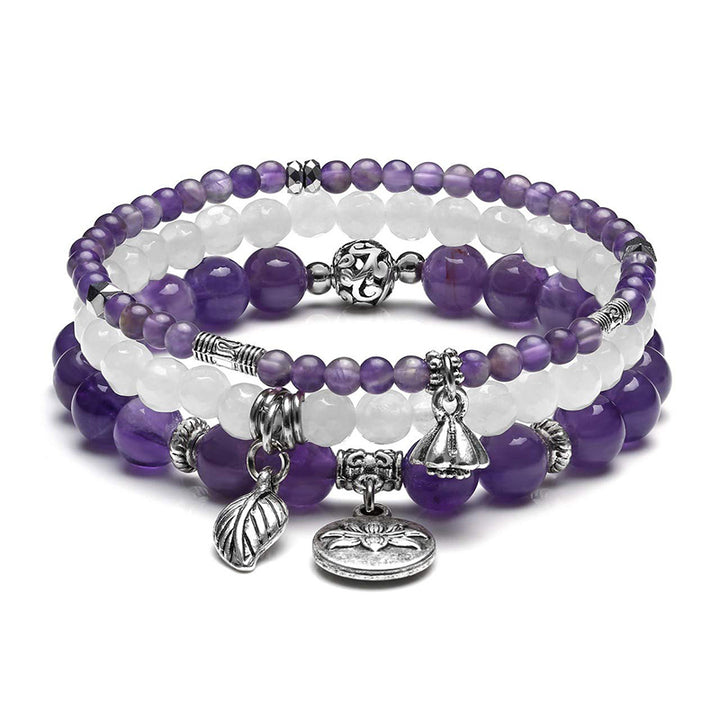 Pulsera de 3 piezas con símbolo de loto y amatista