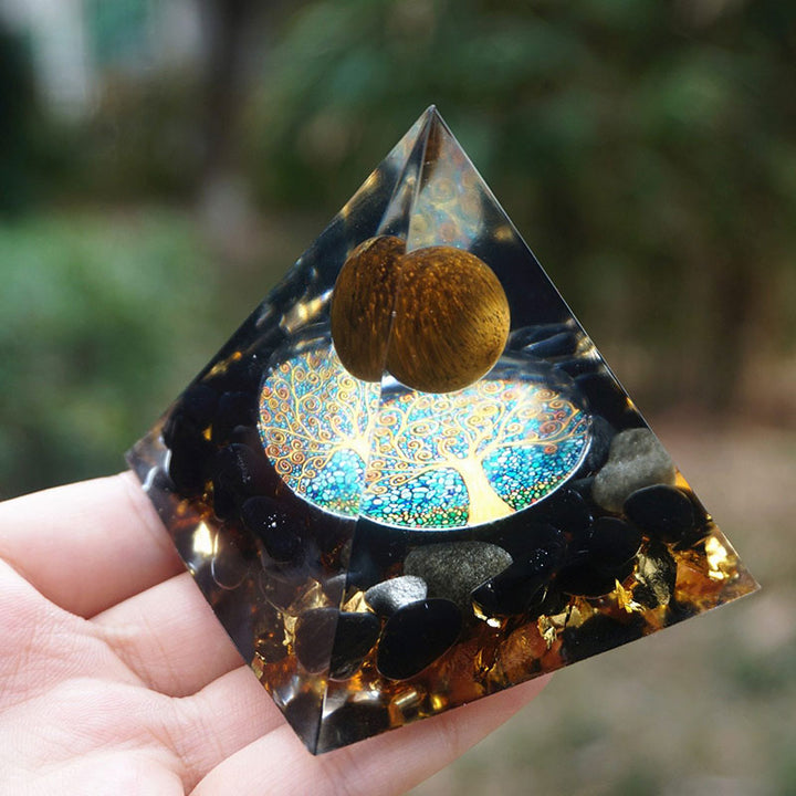 Esfera de ojo de tigre de Olivenorma y pirámide de orgón protectora de obsidiana 