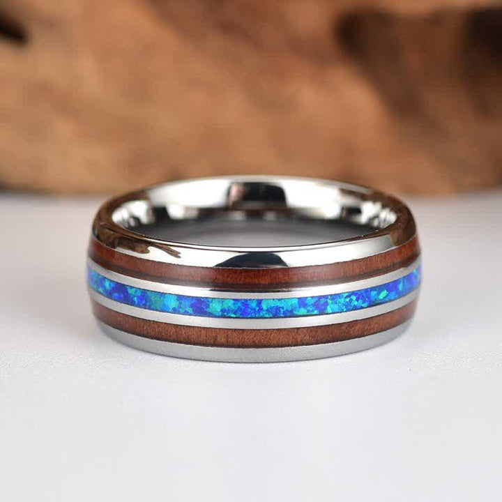 Anillo de carburo de tungsteno con concha de abulón y madera de koa de Olivenorma 