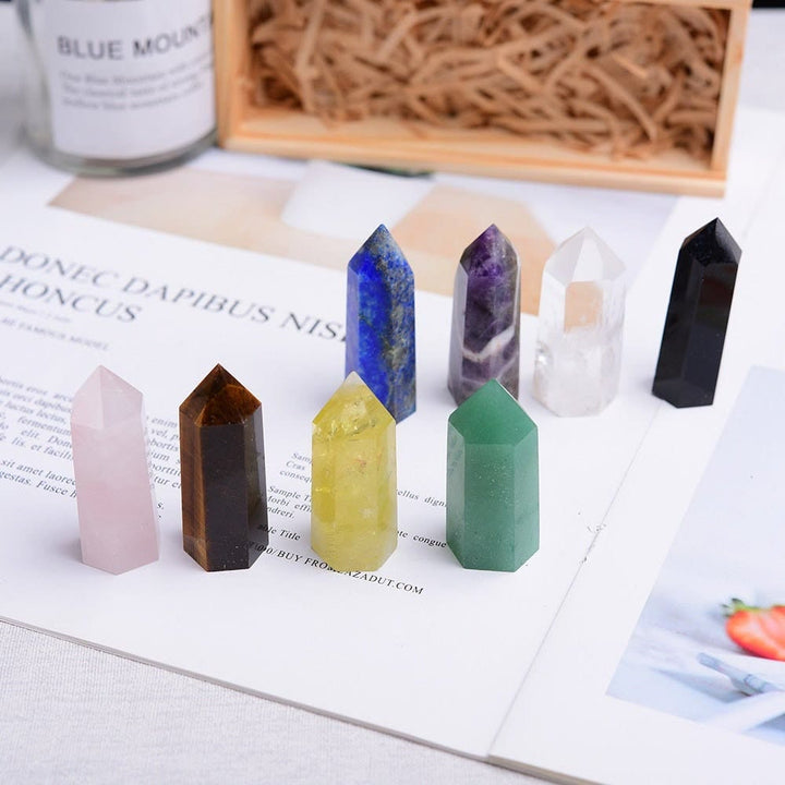 Juego de ocho varitas de cristal para chakras con forma de aguja natural de Olivenorma