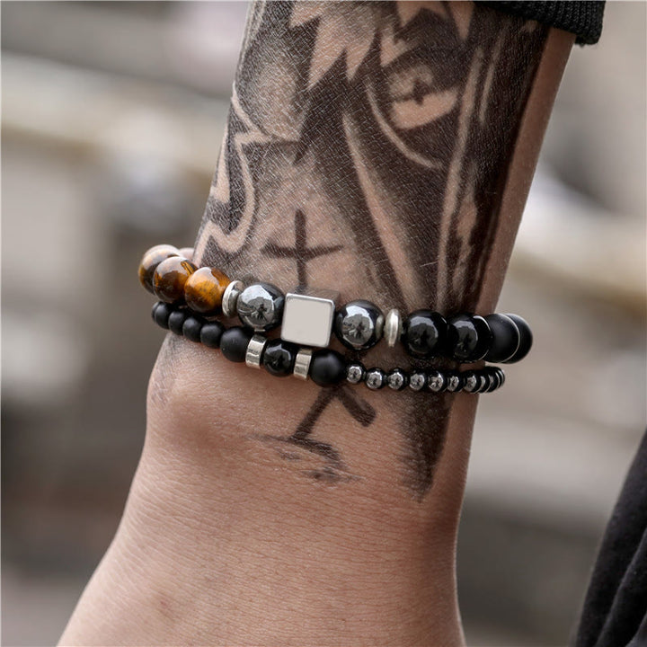 Juego de pulseras elásticas con forma de cubo negro y ojo de tigre esmerilado de Olivenorma