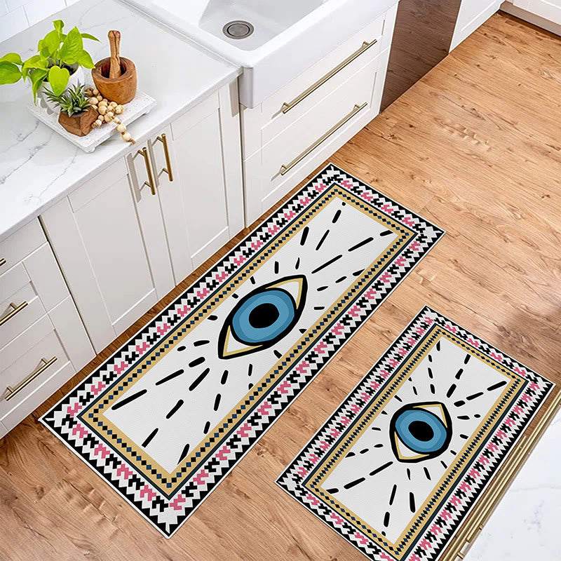 Alfombra rectangular con estampado de mal de ojo de color blanco de Olivenorma 