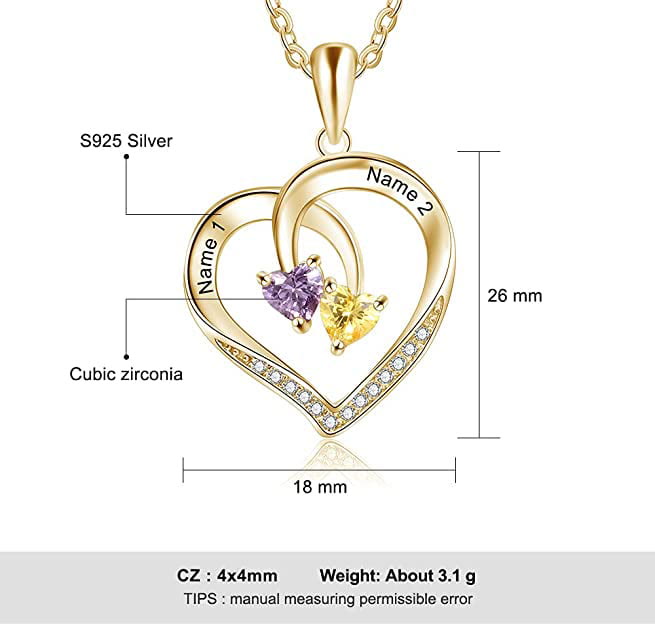 Collar con nombre grabado y dos piedras de nacimiento con promesa de corazón personalizado de Olivenorma