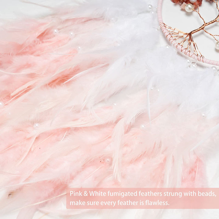 Atrapasueños de plumas rosas con forma de árbol de la vida de cristal de Olivenorma