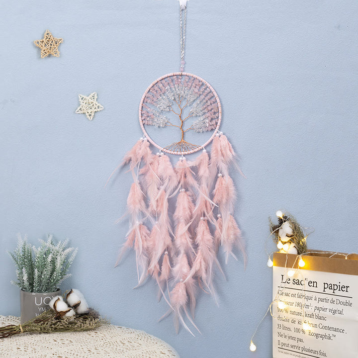 Atrapasueños de plumas rosas con forma de árbol de la vida de cristal de Olivenorma