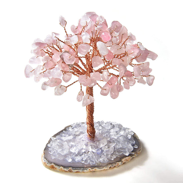 Árbol Feng Shui de piedra preciosa natural de cuarzo rosa Olivenorma con base de ágata 