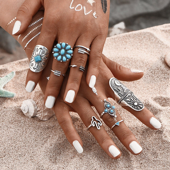 Juego de 9 anillos apilables de turquesa estilo bohemio de Olivenorma 