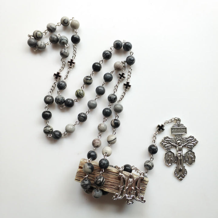 Collar rosario con cruz de la Santa Madre en ágata negra de Olivenorma 
