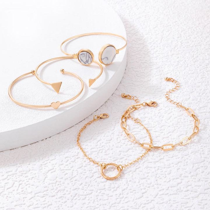 Conjunto de cinco pulseras abiertas de aleación de piedra natural Olivenorma