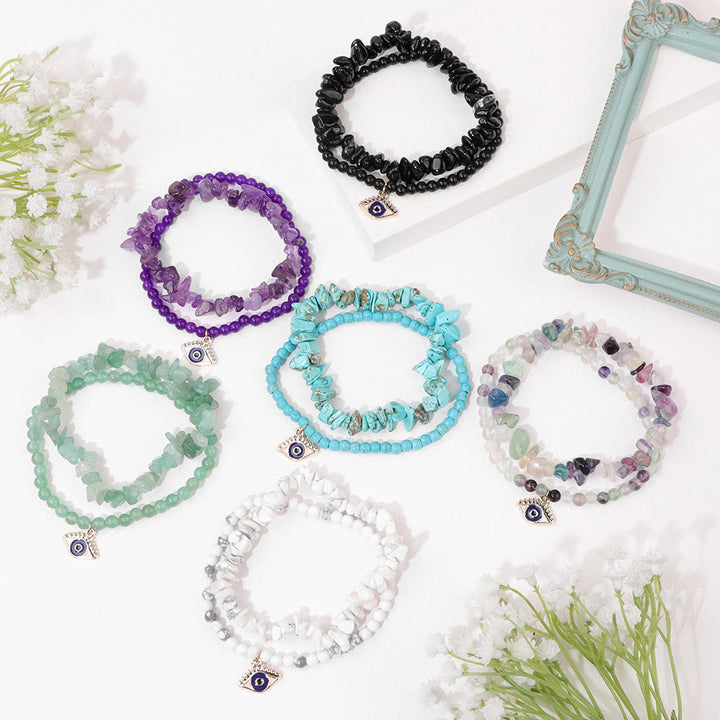 Juego de pulseras de cristal de doble capa con colgante de ojo malvado de Olivenorma
