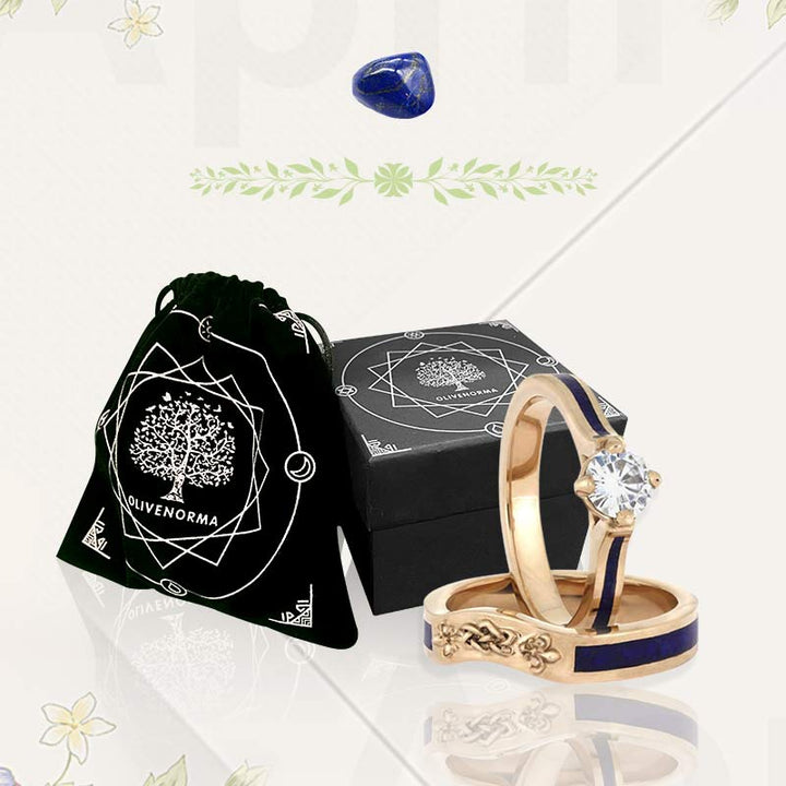 Juego de anillos de novia con nudo celta y lapislázuli de Olivenorma