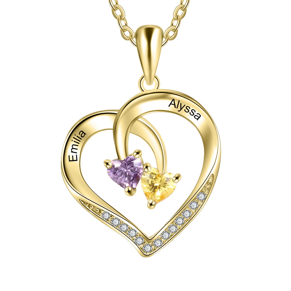 Collar con nombre grabado y dos piedras de nacimiento con promesa de corazón personalizado de Olivenorma