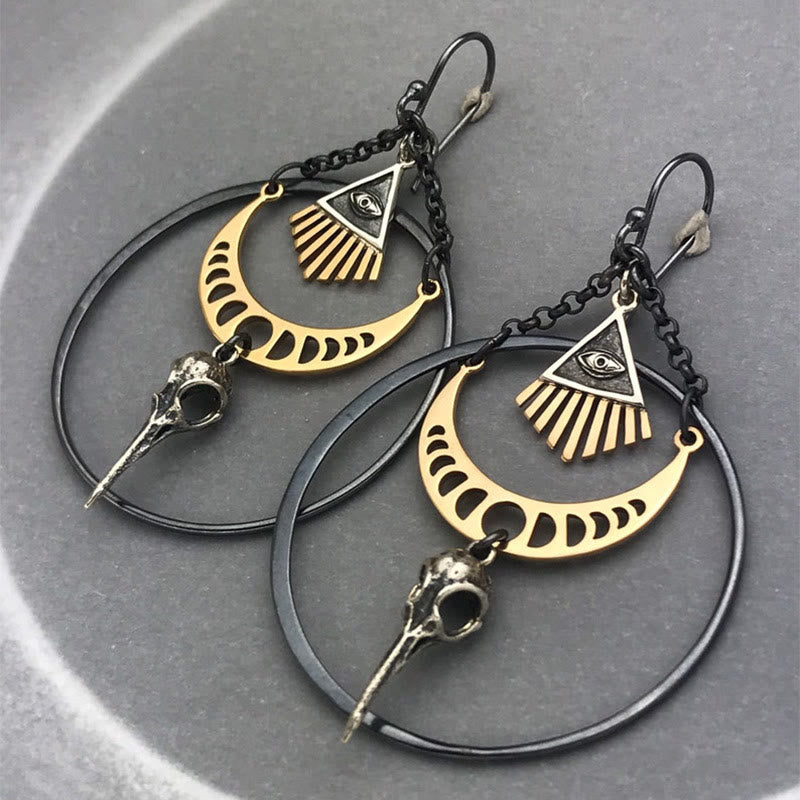 Pendientes de calavera de cuervo con fase lunar y ojo malvado de Olivenorma
