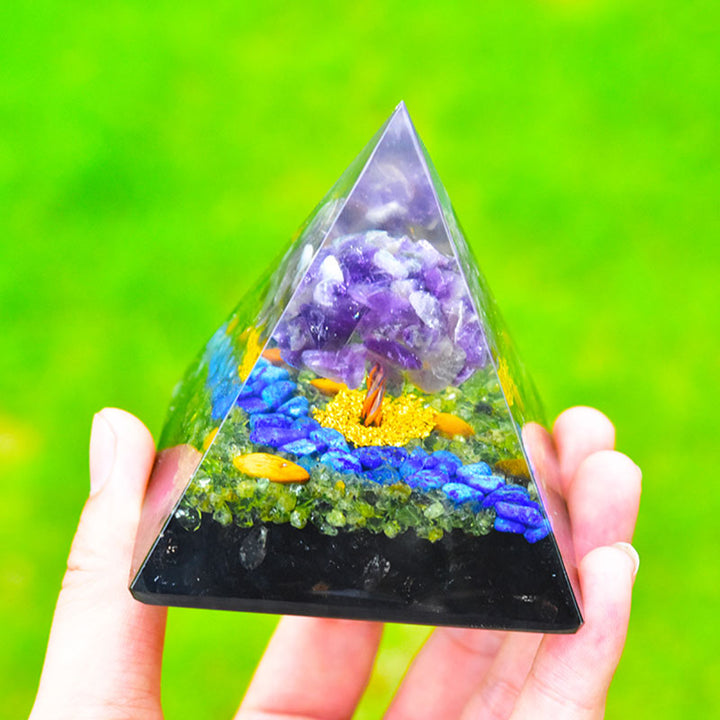 Pirámide de orgón del árbol de la vida de lapislázuli, obsidiana, peridoto y amatista de Olivenorma