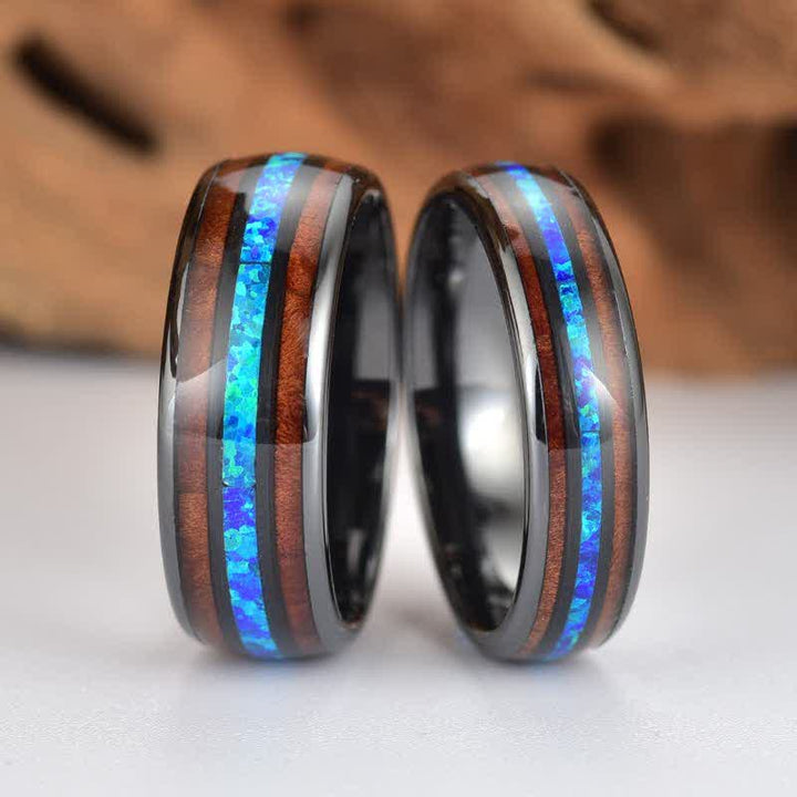 Anillo de carburo de tungsteno con concha de abulón y madera de koa de Olivenorma 
