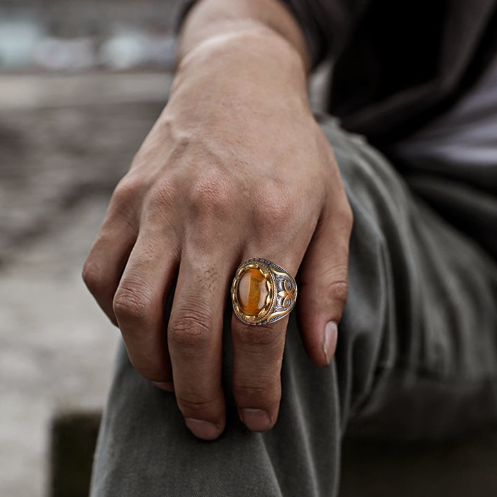 Anillo retro de piedra de ojo de tigre grande para hombre de Olivenorma
