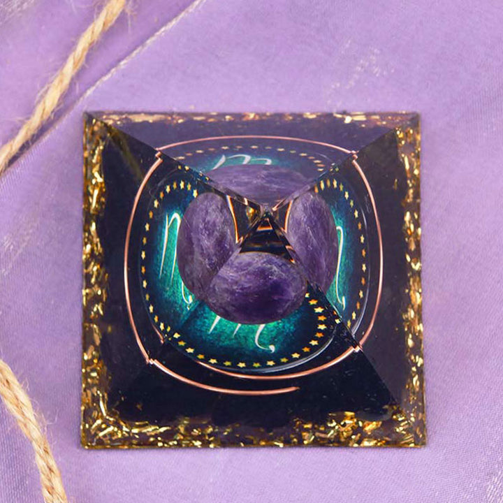Esfera de amatista Olivenorma con obsidiana Pirámide de orgón del zodiaco Escorpio 