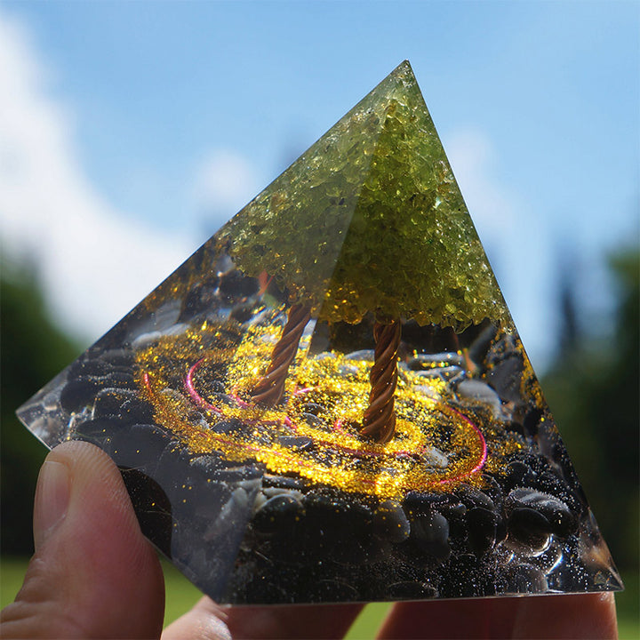 Pirámide de orgón del árbol de la vida de peridoto y obsidiana de Olivenorma