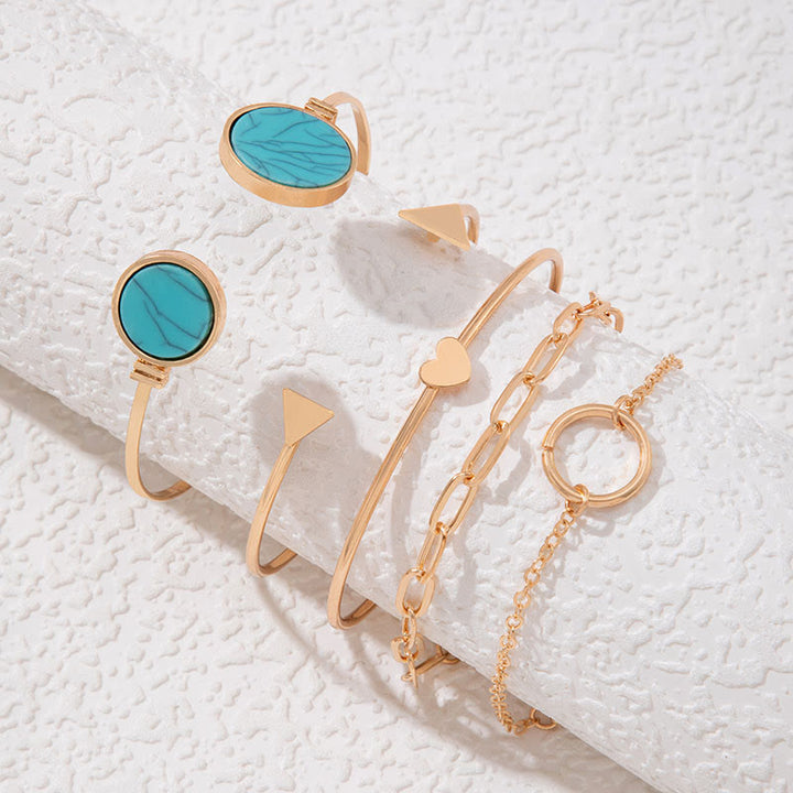 Conjunto de cinco pulseras abiertas de aleación de piedra natural Olivenorma