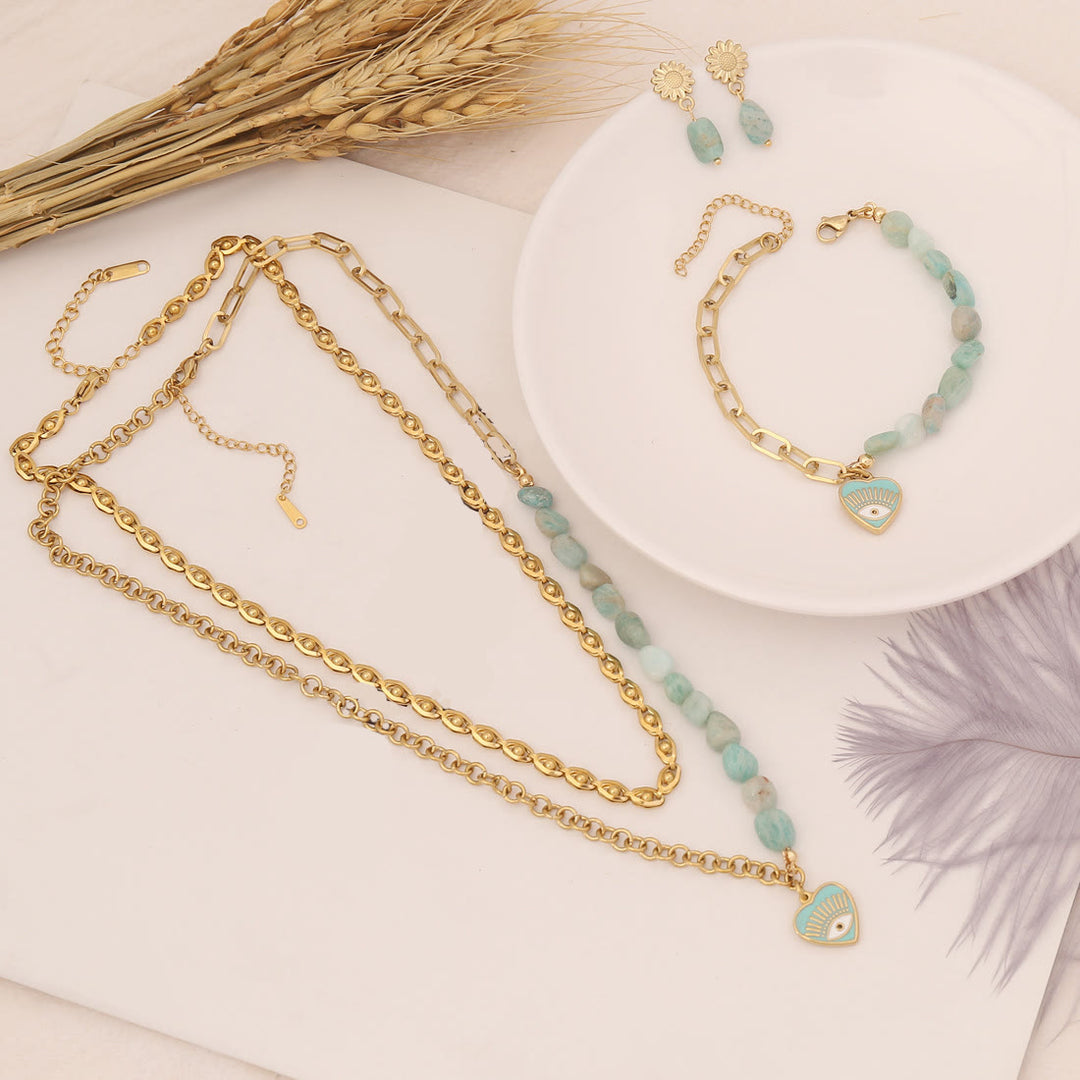 Conjunto de collar, pulsera y pendientes con ojo malvado de amazonita natural de Olivenorma