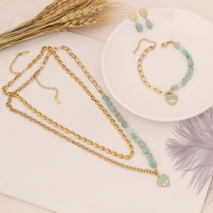 Conjunto de collar, pulsera y pendientes con ojo malvado de amazonita natural de Olivenorma
