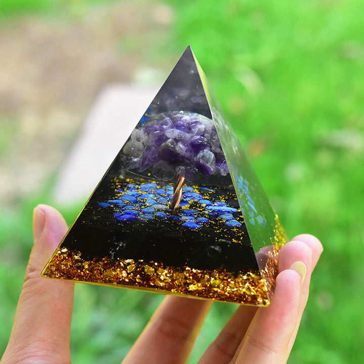 Pirámide de orgón del árbol de la vida de lapislázuli, obsidiana y amatista de Olivenorma 