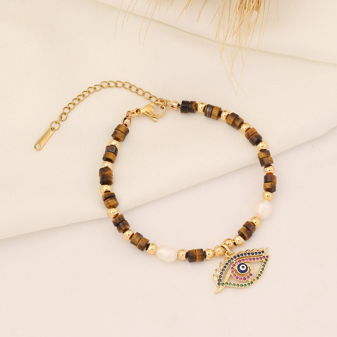 Pulsera de cobre con perlas de agua dulce y piedra natural de Olivenorma 