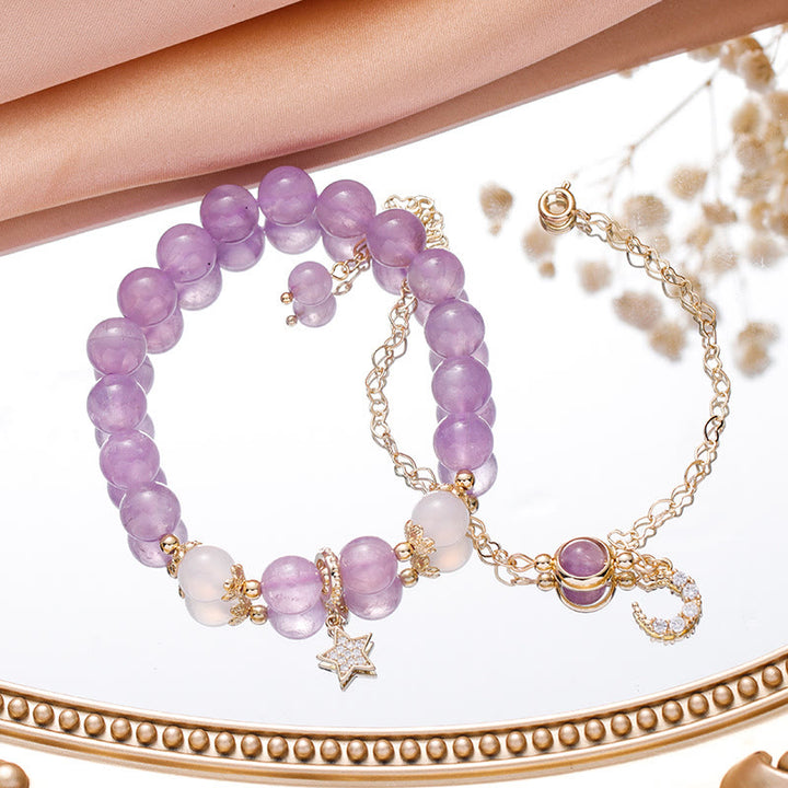 Pulsera de luna y estrella con cuentas de ágata blanca y amatista de Olivenorma 