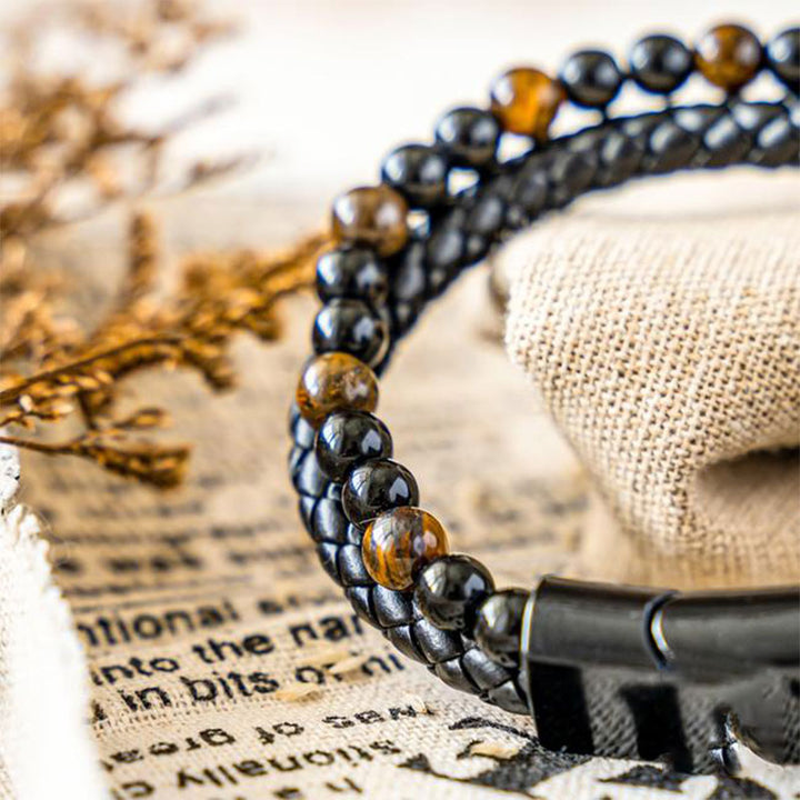 Pulsera tejida de cuero con ojo de tigre para hombre 