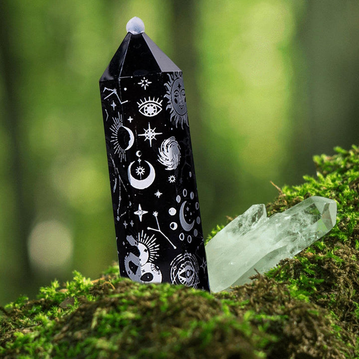 Varitas de cristal hexagonales de torre de cristal de obsidiana de Olivenorma 