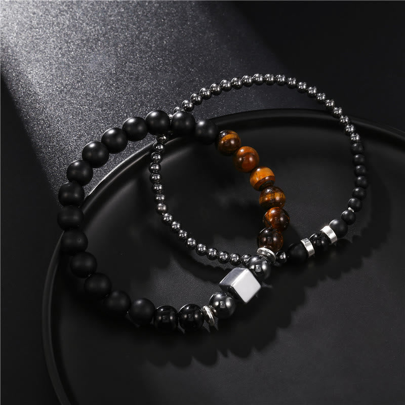 Juego de pulseras elásticas con forma de cubo negro y ojo de tigre esmerilado de Olivenorma