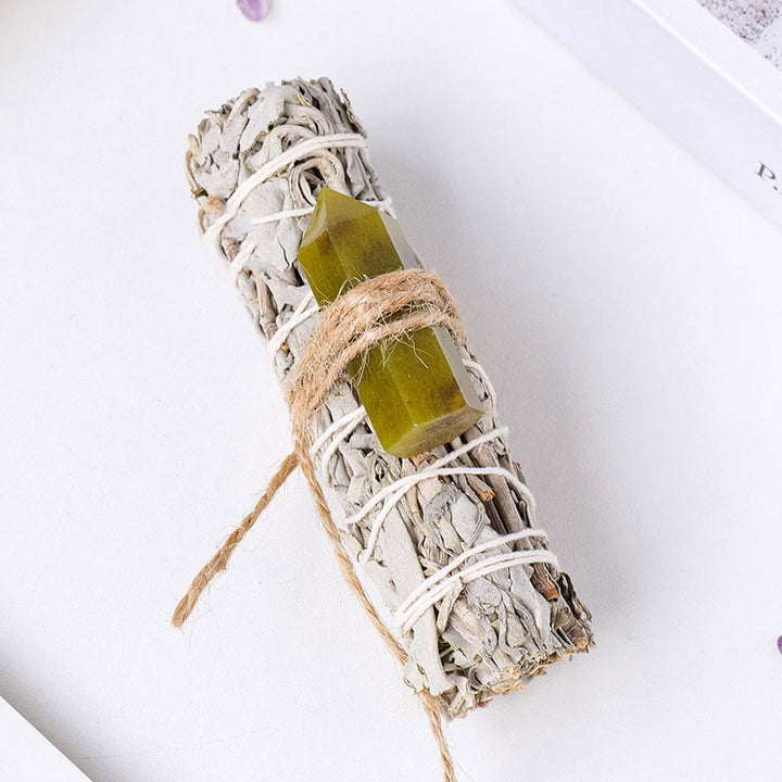 Cristal de prisma hexagonal de salvia blanca de Olivenorma , decoración con piedras preciosas para aromaterapia