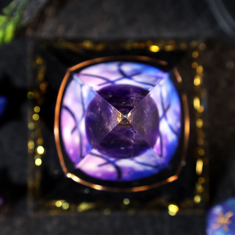 Pirámide de orgón de Piscis del zodíaco con grava de obsidiana y bola de amatista de Olivenorma 