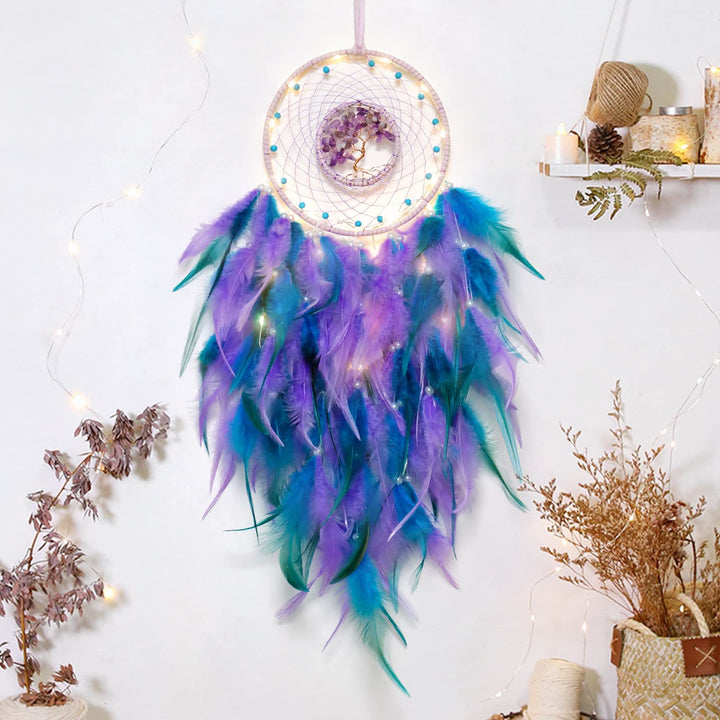 Atrapasueños con plumas de árbol de la vida de cristal de Olivenorma